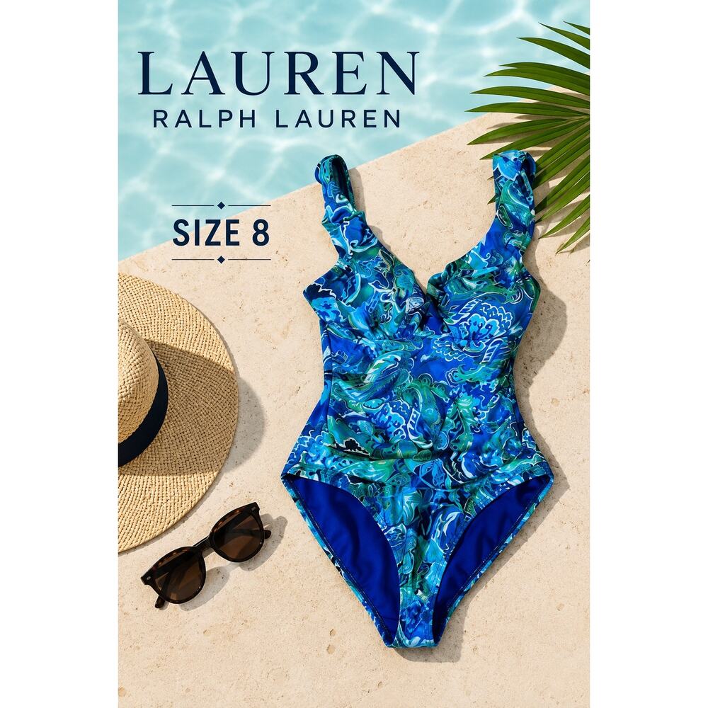 Lauren Ralph Lauren Womens Blue Tropical Floral Ruched One-Piece Swimsuit Size 8